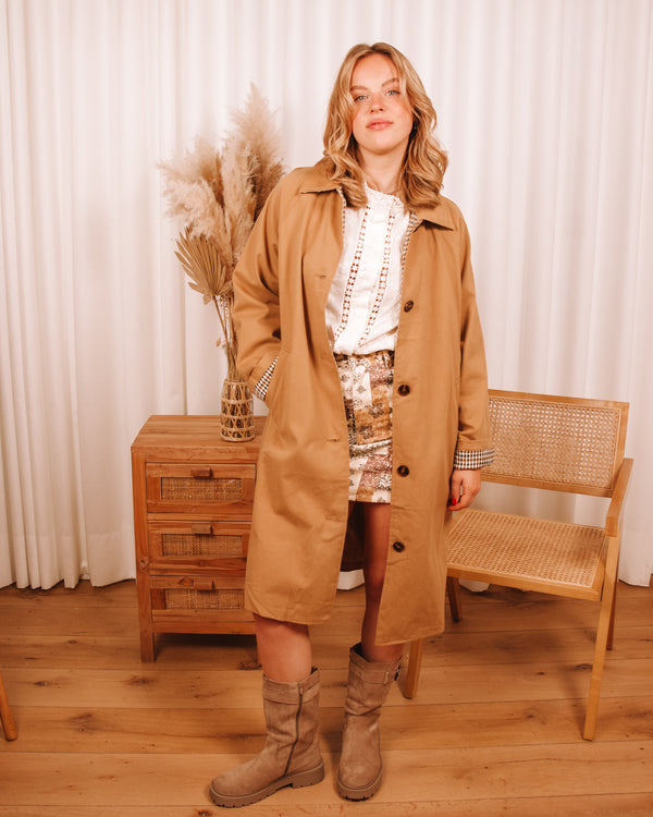 Cozy Cafe Long Camel Trench Coat
