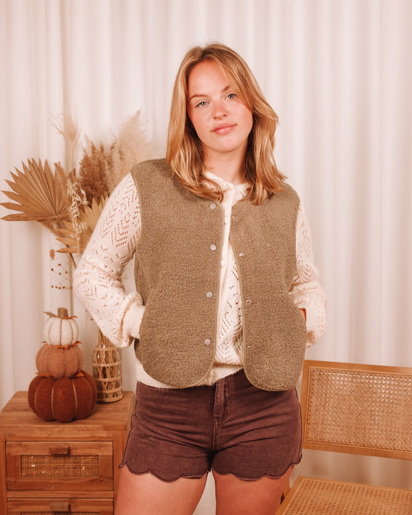 Meant For You Olive Green Teddy Sleeveless Vest