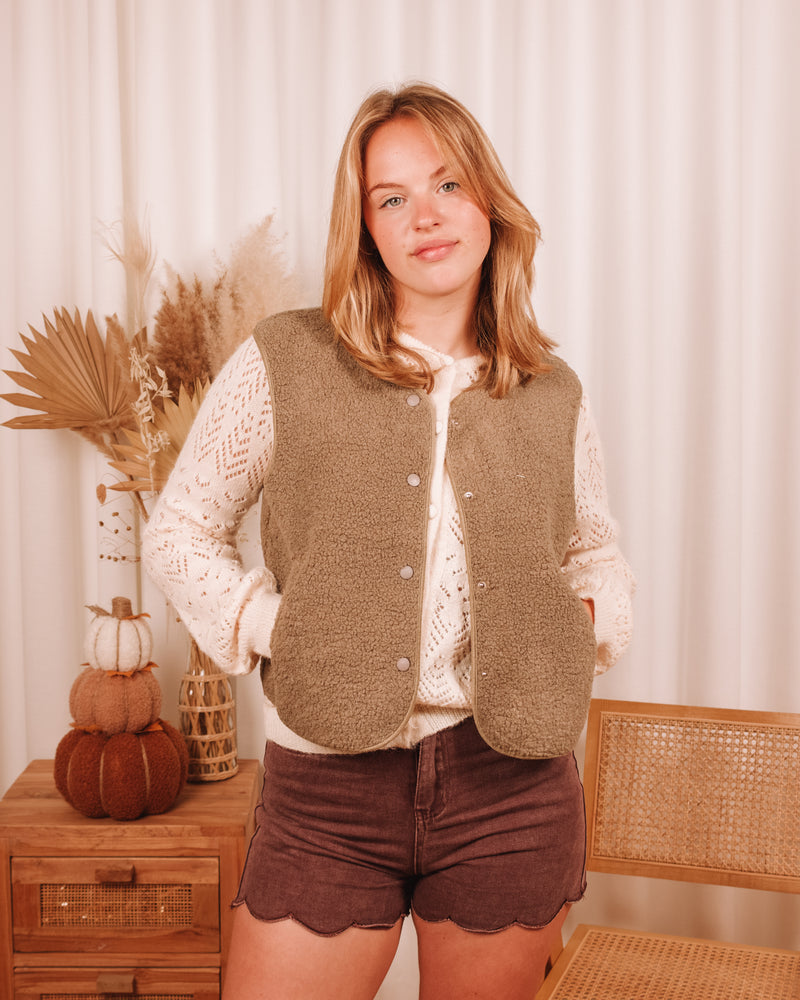 Meant For You Olive Green Teddy Sleeveless Vest