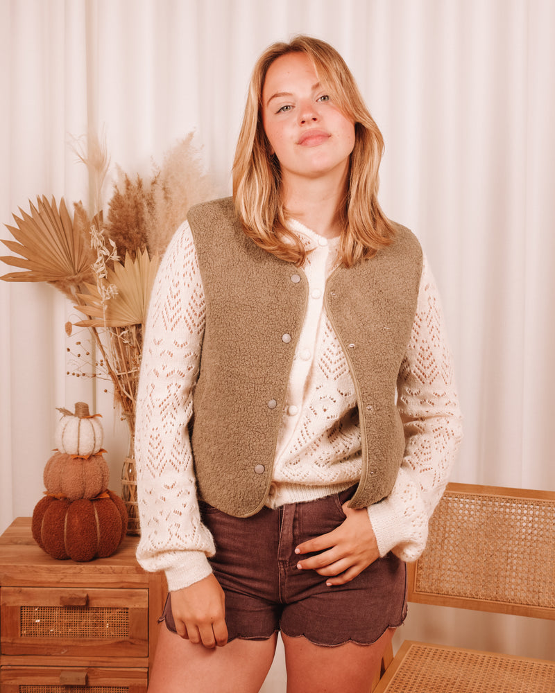 Meant For You Olive Green Teddy Sleeveless Vest