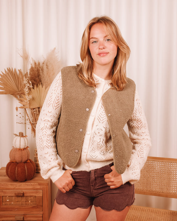 Meant For You Olive Green Teddy Sleeveless Vest