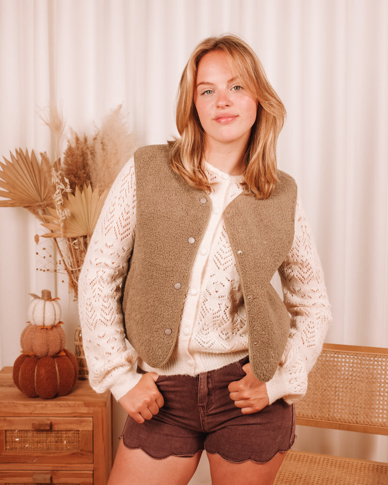 Meant For You Olive Green Teddy Sleeveless Vest